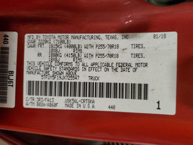 5TFUY5F19JX725547 - 2018 TOYOTA TUNDRA DOUBLE CAB SR/SR5 RED photo 12