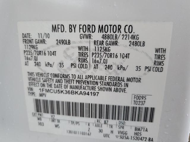 1FMCU5K36BKA94197 - 2011 FORD ESCAPE HYBRID WHITE photo 13