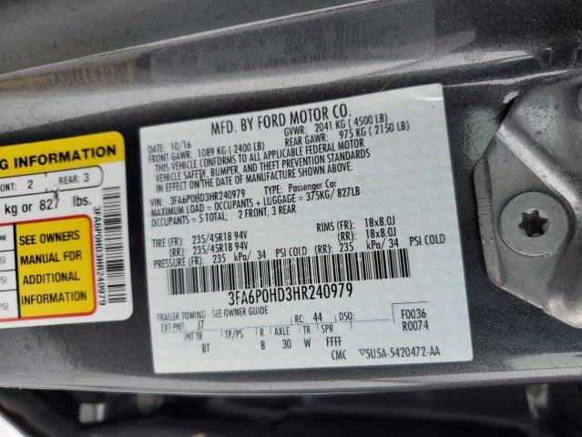 3FA6P0HD3HR240979 - 2017 FORD FUSION SE GRAY photo 12