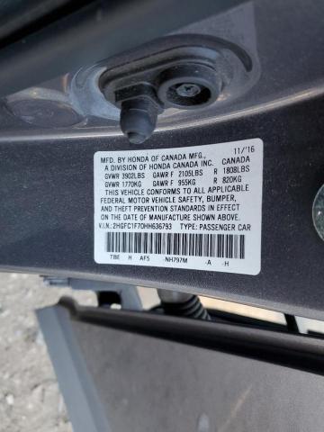 2HGFC1F70HH636793 - 2017 HONDA CIVIC EXL ნაცრისფერი ფოტო 13