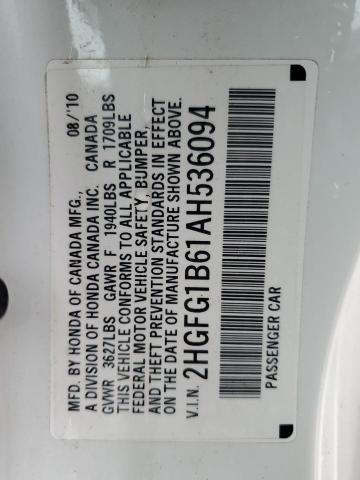 2HGFG1B61AH536094 - 2010 HONDA CIVIC LX WHITE photo 12