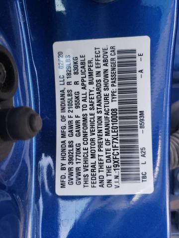 19XFC1F7XLE010008 - 2020 HONDA CIVIC EXL BLUE photo 12