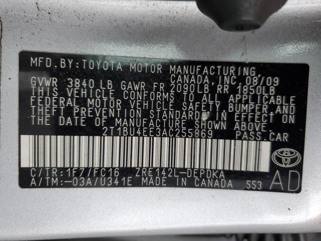 2T1BU4EE3AC255869 - 2010 TOYOTA COROLLA BASE SILVER photo 12