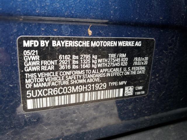 5UXCR6C03M9H31929 - 2021 BMW X5 XDRIVE40I BLUE photo 13