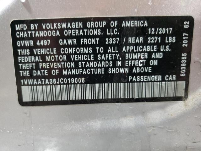 1VWAA7A36JC019006 - 2018 VOLKSWAGEN PASSAT S SILVER photo 13