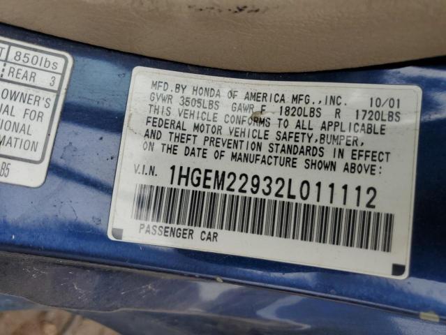 1HGEM22932L011112 - 2002 HONDA CIVIC EX BLUE photo 12