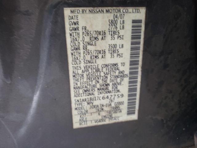 5N1AR18U17C647759 - 2007 NISSAN PATHFINDER LE 灰色 照片 13