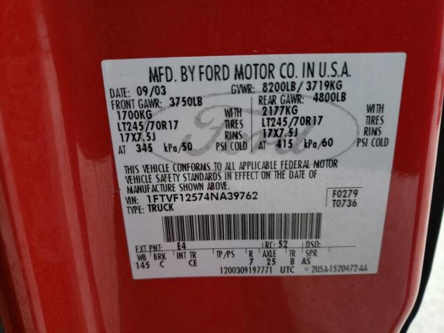 1FTVF12574NA39762 - 2004 FORD F150 RED photo 12