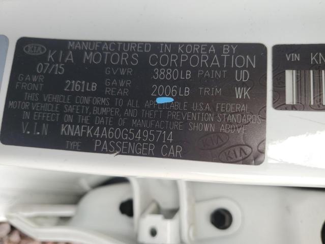 KNAFK4A60G5495714 - 2016 KIA FORTE LX WHITE photo 12