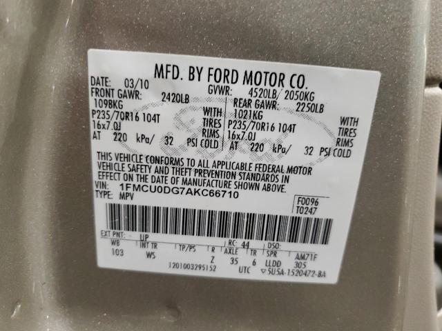 1FMCU0DG7AKC66710 - 2010 FORD ESCAPE XLT BEIGE photo 12