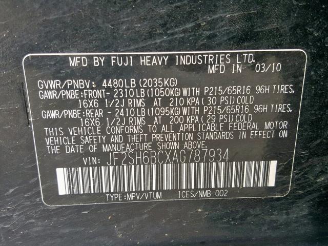 JF2SH6BCXAG787934 - 2010 SUBARU FORESTER XS  foto 10