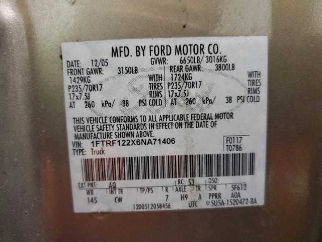 1FTRF122X6NA71406 - 2006 FORD F150 TAN photo 13