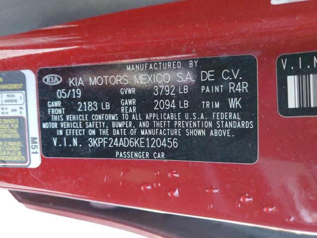 3KPF24AD6KE120456 - 2019 KIA FORTE FE RED photo 12