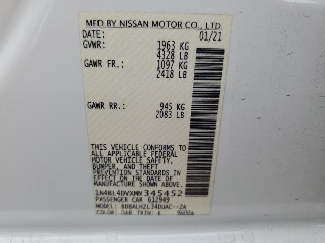 1N4BL4DVXMN345452 - 2021 NISSAN ALTIMA SV WHITE photo 12