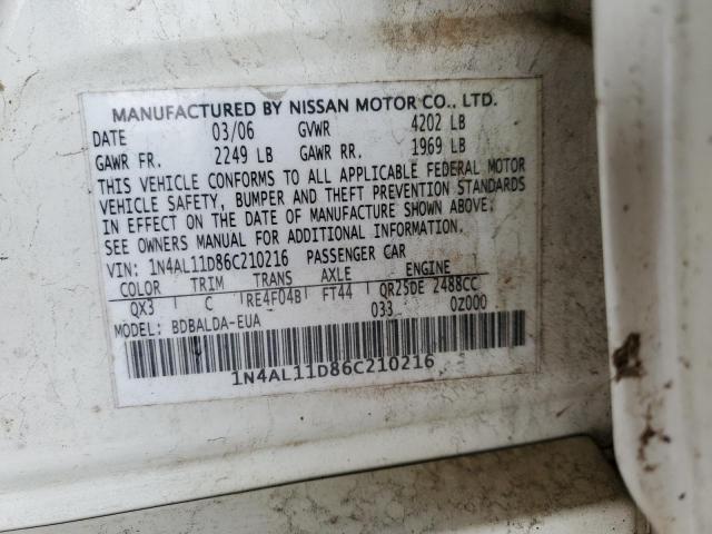 1N4AL11D86C210216 - 2006 NISSAN ALTIMA S WHITE photo 13