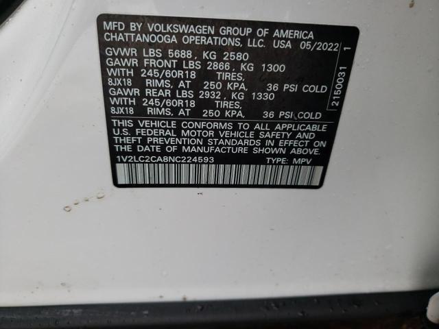 1V2LC2CA8NC224593 - 2022 VOLKSWAGEN ATLAS CROS SE Белый фото 12