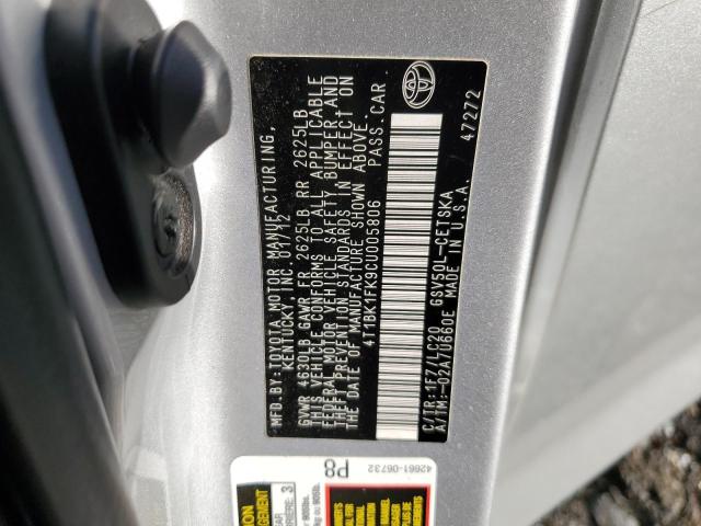 4T1BK1FK9CU005806 - 2012 TOYOTA CAMRY SE SILVER photo 12