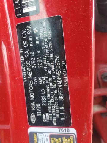 3KPF24AD8ME306759 - 2021 KIA FORTE FE RED photo 12