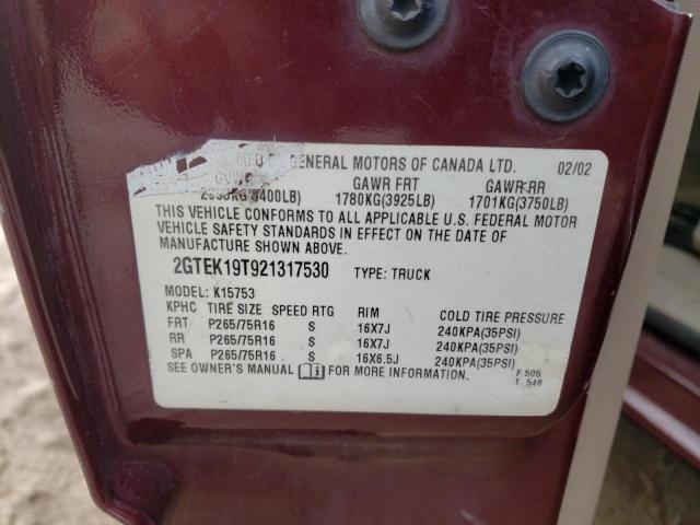 2GTEK19T921317530 - 2002 GMC NEW SIERRA K1500 MAROON photo 12