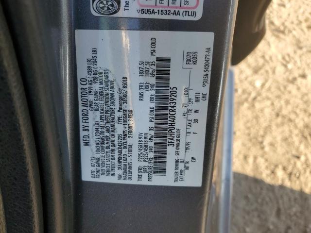 3FAHP0HA0CR439205 - 2012 FORD FUSION SE GRAY photo 12