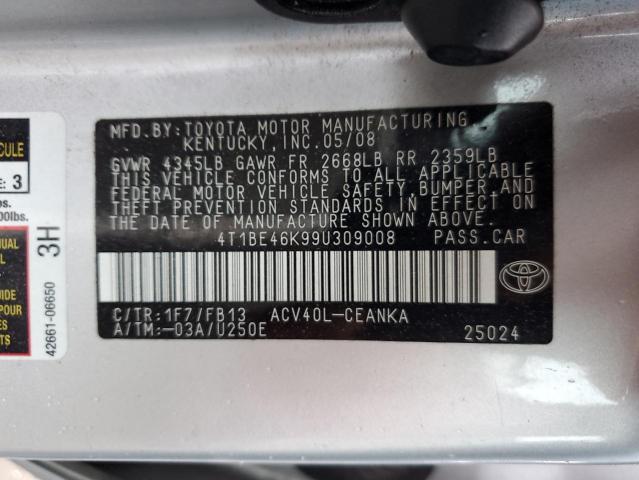 4T1BE46K99U309008 - 2009 TOYOTA CAMRY BASE SILVER photo 12