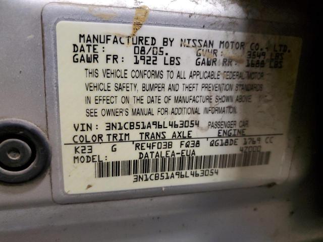 3N1CB51A96L463054 - 2006 NISSAN SENTRA 1.8S SILVER photo 12