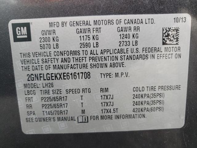 2GNFLGEKXE6161708 - 2014 CHEVROLET EQUINOX LT GRAY photo 14