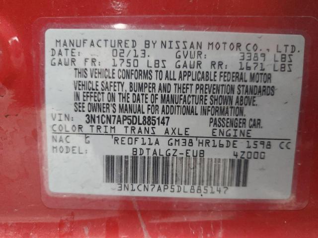 3N1CN7AP5DL885147 - 2013 NISSAN VERSA S RED photo 12