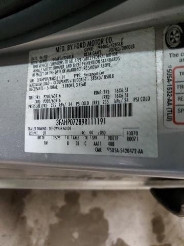 3FAHP07Z89R111191 - 2009 FORD FUSION SE SILVER photo 12