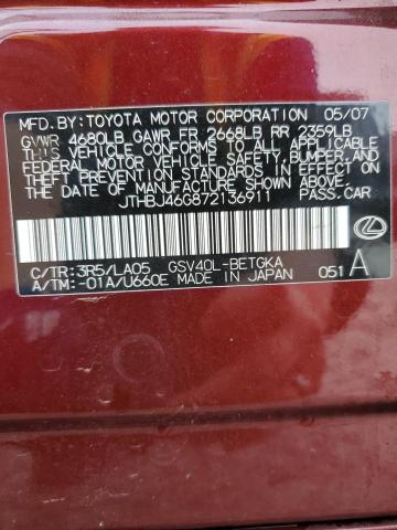 JTHBJ46G872136911 - 2007 LEXUS ES 350 MAROON photo 12