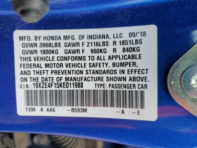 19XZE4F15KE011988 - 2019 HONDA INSIGHT LX BLUE photo 12