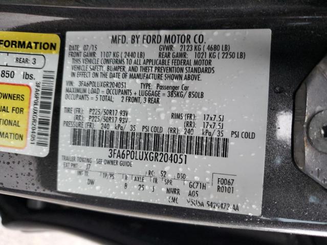 3FA6P0LUXGR204051 - 2016 FORD FUSION SE HYBRID GRAY photo 12