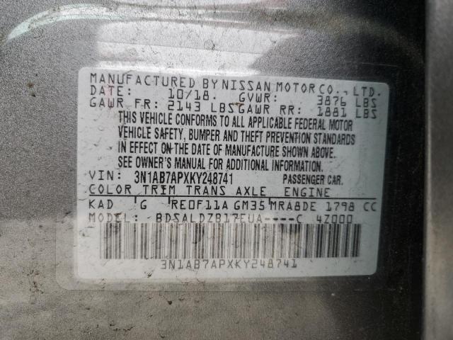 3N1AB7APXKY248741 - 2019 NISSAN SENTRA S GRAY photo 12