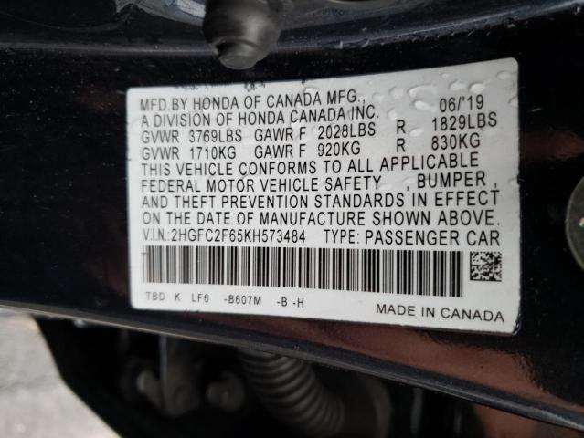 2HGFC2F65KH573484 - 2019 HONDA CIVIC LX BLACK photo 12