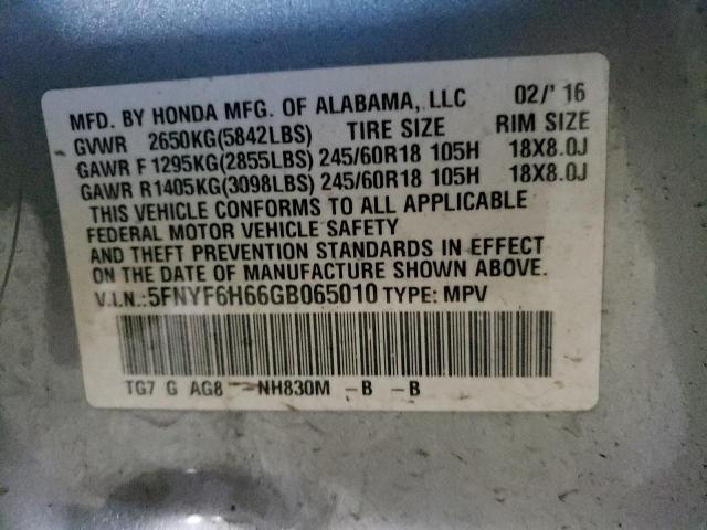 5FNYF6H66GB065010 - 2016 HONDA PILOT EXL SILVER photo 13