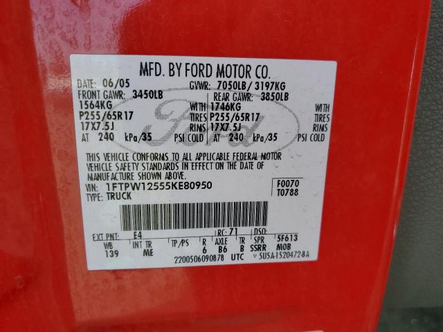 1FTPW12555KE80950 - 2005 FORD F150 SUPERCREW RED photo 12