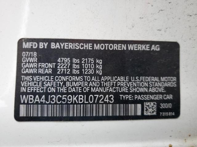 WBA4J3C59KBL07243 - 2019 BMW 430XI GRAN COUPE WHITE photo 12