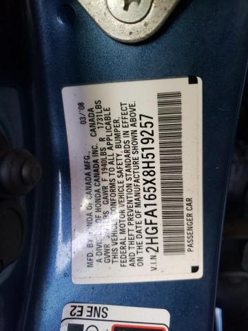 2HGFA165X8H519257 - 2008 HONDA CIVIC LX BLUE photo 12