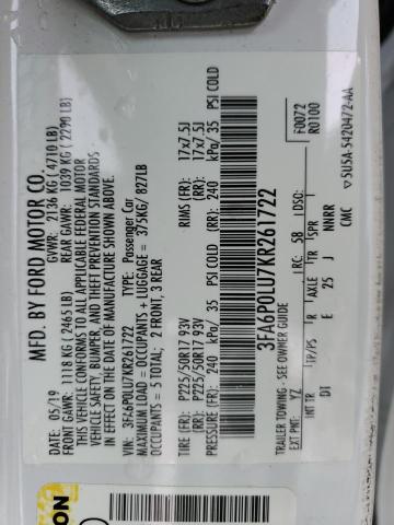 3FA6P0LU7KR261722 - 2019 FORD FUSION SE WHITE photo 12