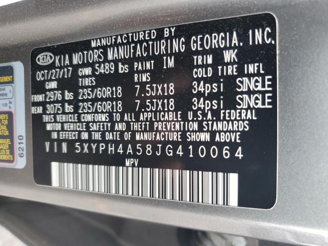 5XYPH4A58JG410064 - 2018 KIA SORENTO EX GRAY photo 13