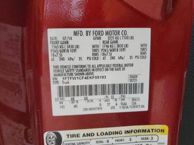 1FTFW1CF4EKF05193 - 2014 FORD F150 SUPERCREW RED photo 12