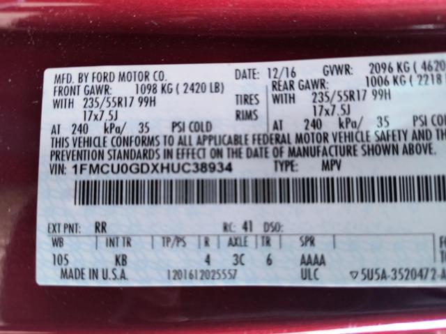 1FMCU0GDXHUC38934 - 2017 FORD ESCAPE SE RED photo 10