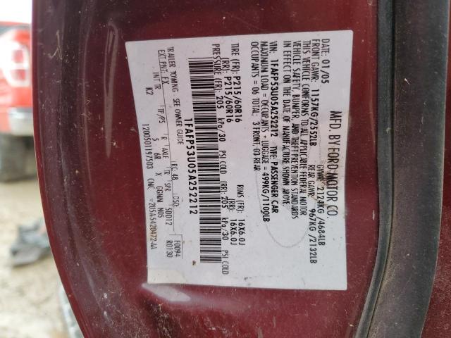 1FAFP53U05A252212 - 2005 FORD TAURUS SE BURGUNDY photo 12