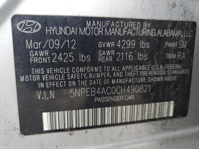 5NPEB4AC0CH490821 - 2012 HYUNDAI SONATA GLS SILVER photo 12