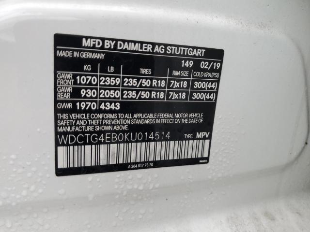 WDCTG4EB0KU014514 - 2019 MERCEDES-BENZ GLA 250 WHITE photo 13