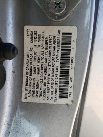 2HGFB2F51CH611448 - 2012 HONDA CIVIC LX SILVER photo 12