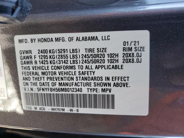 5FNYF8H56MB012340 - 2021 HONDA PASSPORT EXL CHARCOAL photo 13