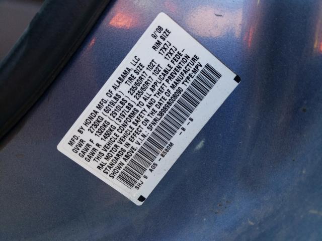 5FNRL38989B008090 - 2009 HONDA ODYSSEY TOURING BLUE photo 10