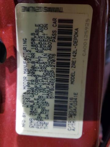 5YFBU4EE2DP127076 - 2013 TOYOTA COROLLA BASE RED photo 12