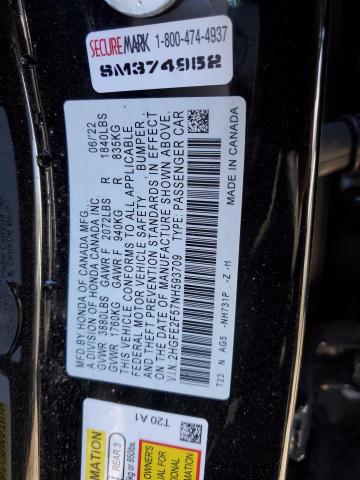 2HGFE2F57NH593709 - 2022 HONDA CIVIC SPORT BLACK photo 12